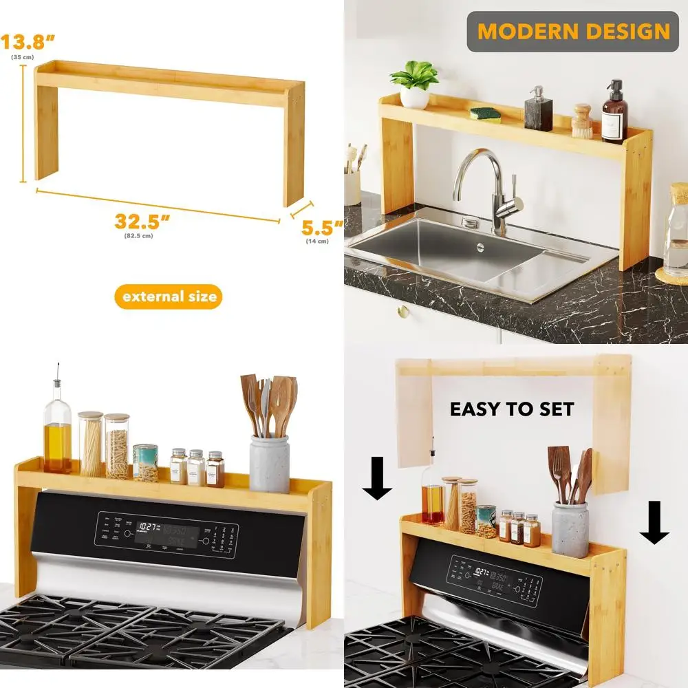 

Kitchen Spice Rack Organizer, 31.5 Bamboo Shelf, 11.6 High, Over Stove Storage, Oven & Sink Organizer, Natural Finish