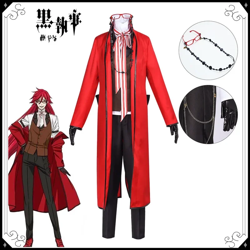 Black Butler Grell Sutcliff Michaelis Cosplay Costume Wig Uniforms Anime Cosplay Halloween Party Unisex Fancy Red Suit Glasses