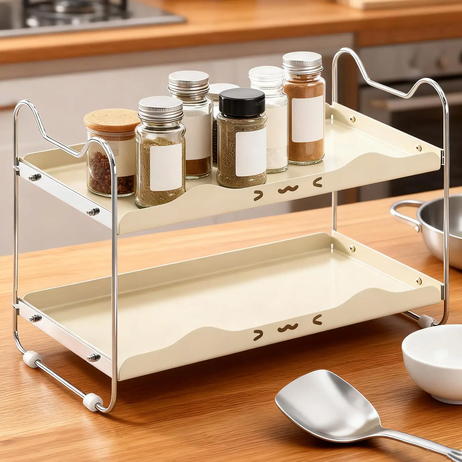 

Полка для кухонной стойки, нескользящая экономия места для хранения, двухслойные кухонные полки для хранения в шкафу, кладовой, банки для приправ