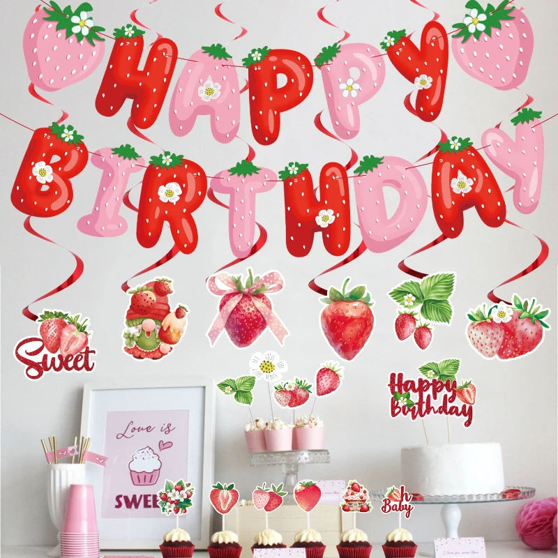 

Strawberry Theme Happy Birthday Party Decorations Banner Sets Cake Fruit Printing Flags Hanging Spiral Cards Holiday Supplies