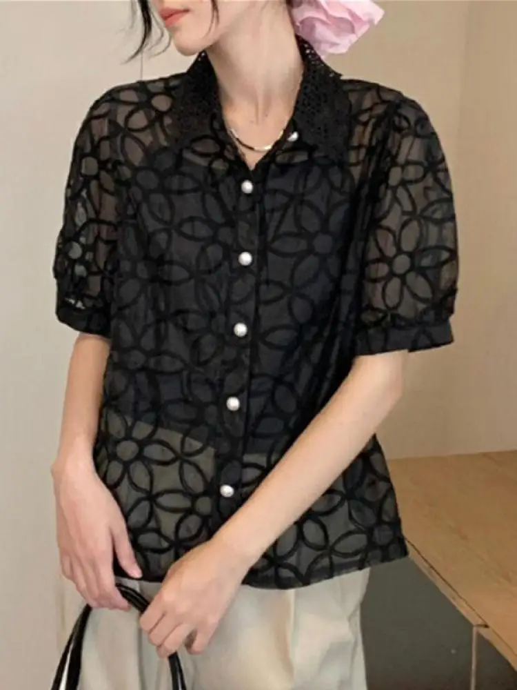 

Летняя винтажная черно-белая кружевная элегантная модная универсальная рубашка-кардиган женская бежевая однобортная блузка с коротким рукавом топы