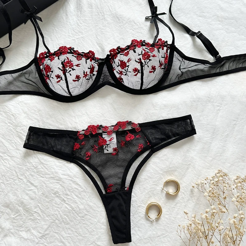 Elegant Floral Embroidery Women Lingerie Set