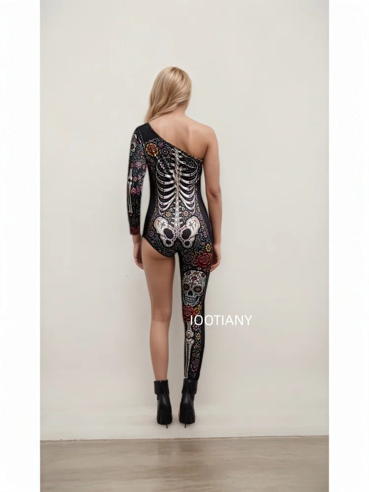 Gotischer Halloween-Skelett-Print-Bodysuit für Damen, One-Shoulder, einlanger Ärmel, asymmetrischer, enger Jumpsuit, Bühnen-Rave-Outfit – Detail 3