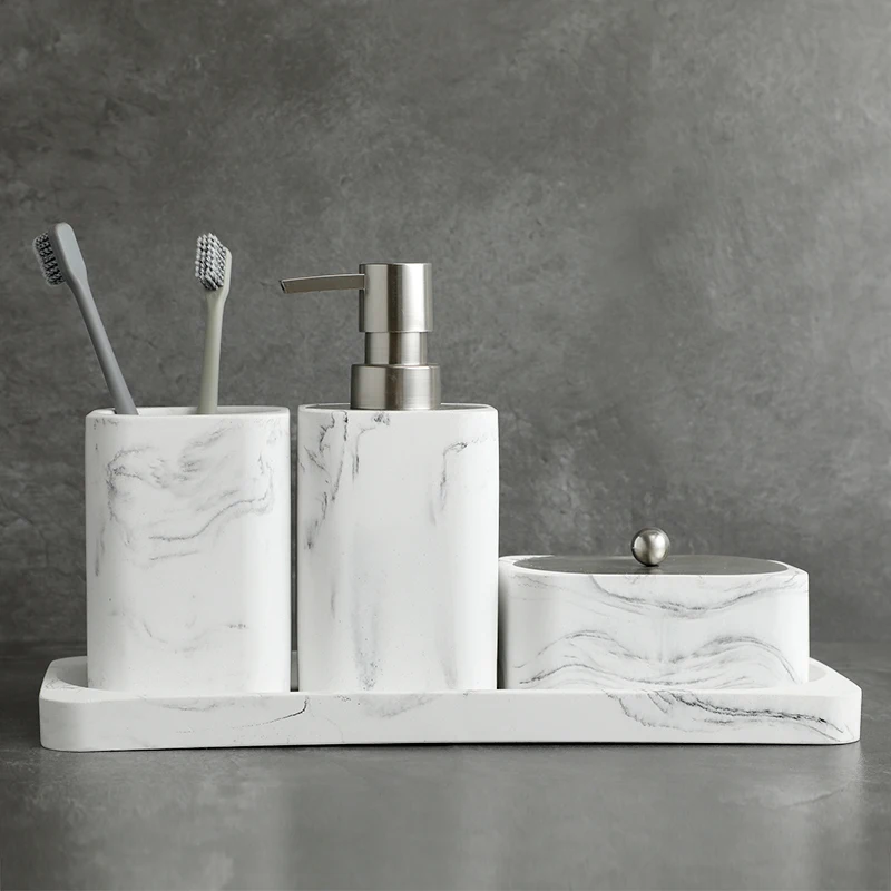 Bathroom Accessory Marble Look Includes Lotion Dispenser Soap Pump Tumbler Saop dish Cotton swab box and Tray