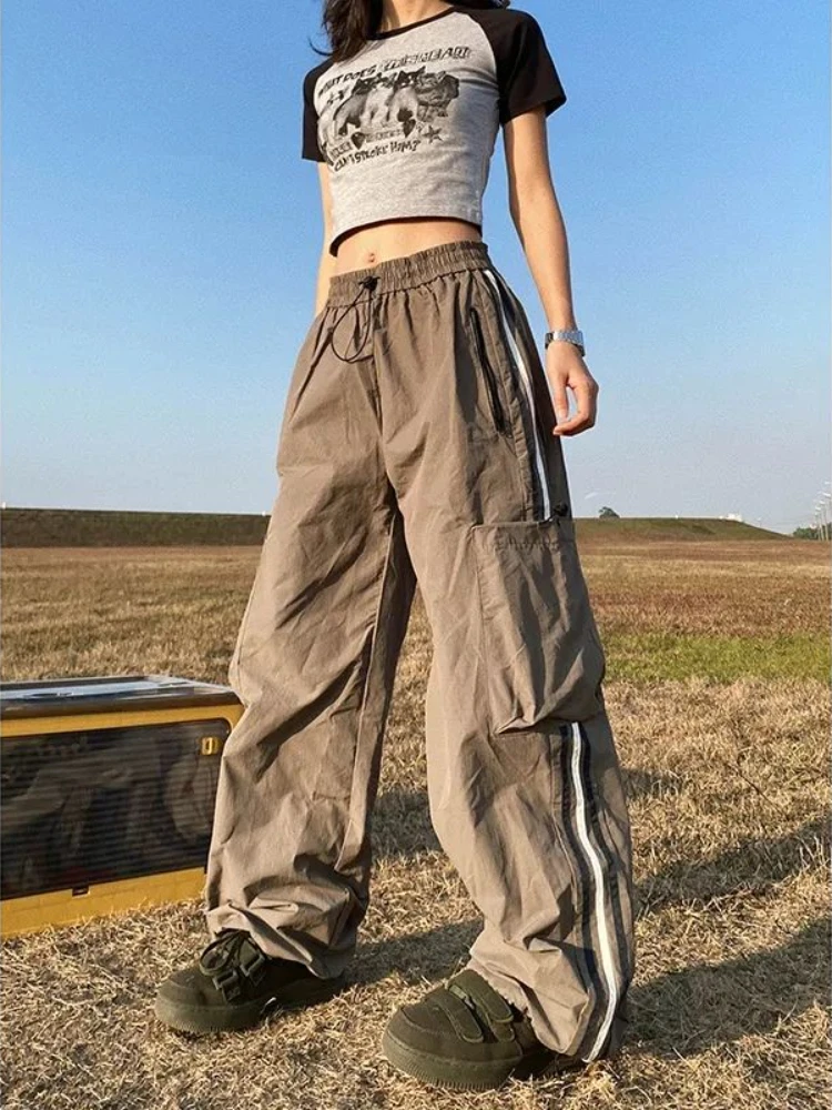 

ADAGirl Cargo Pants for Women Hip Hop Oversize Wide Leg Trousers Y2k Vintage Streetwear Pocket Side Stripe Ladie Jogger Pantalon