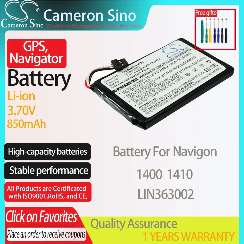 CameronSino Battery for Navigon 1400 1410 fits Navigon LIN363002 GPS,Navigator battery 850mAh 3.70V Li-ion Black