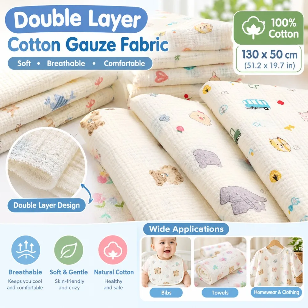 Tela de crepé estampada con motivos de dibujos animados, de doble capa de gasa de algodón, de 130 x 50 cm, ideal para bolsas de bebé, baberos para recién nacidos y ropa de uso doméstico.