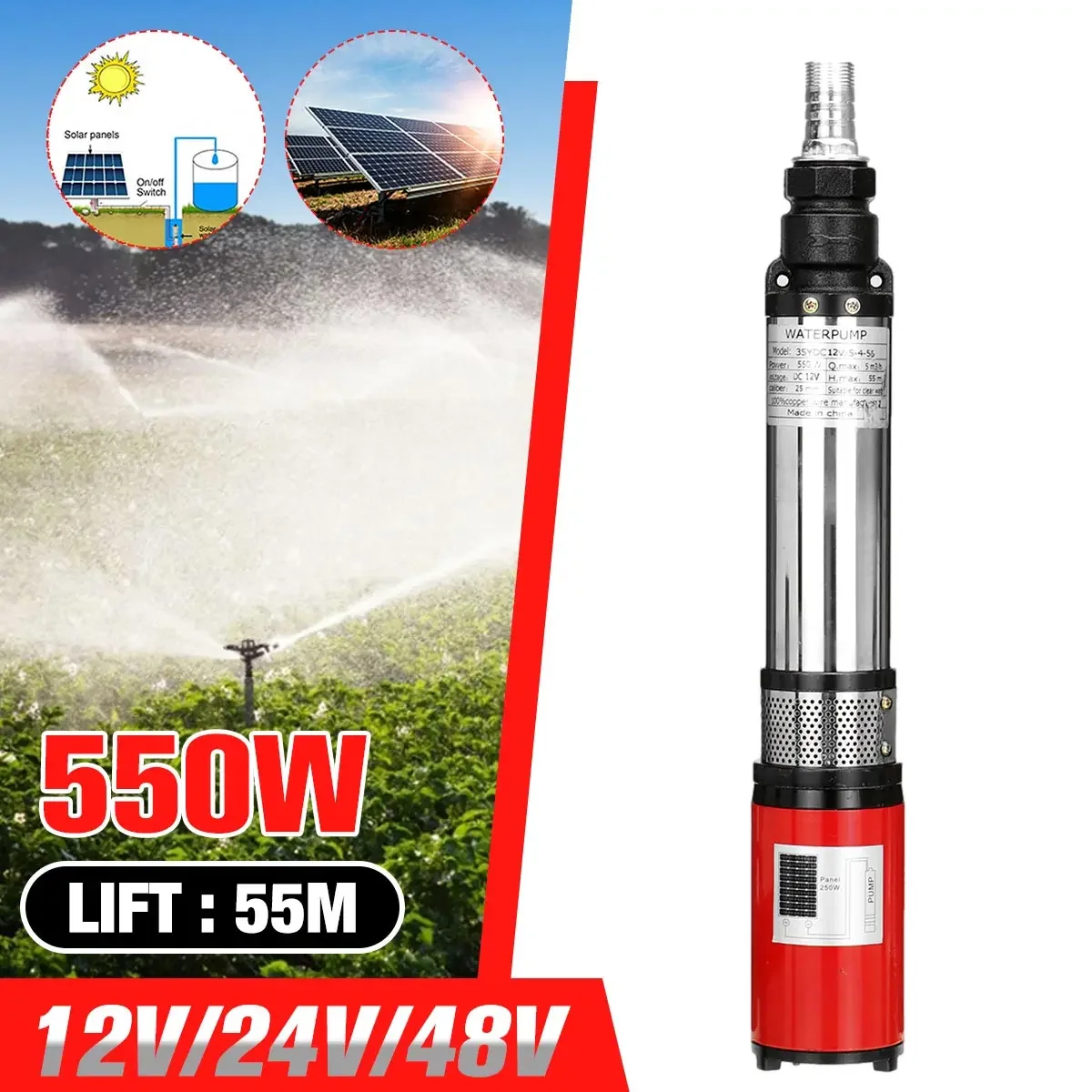 

550W Solar Water Pump 12V 24V 48V High Lift 55m Submersible Deep Well Pump Submersible Pump Garden Home Agricultural Irrigation