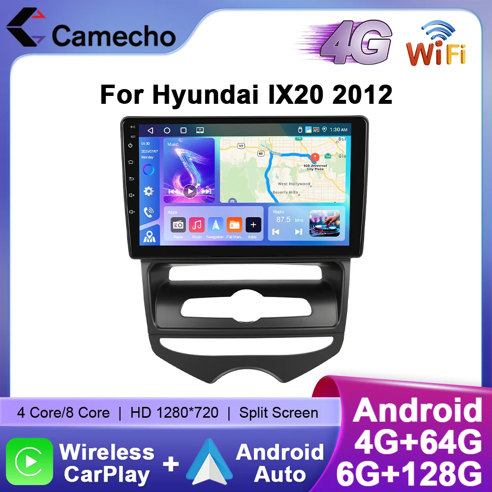 Camecho Radio de coche para Hyundai IX20 2012 inalámbrico CarPlay Android Auto reproductor Multimedia 6 + 128G WIFI 4G Mirrorlink GPS estéreo