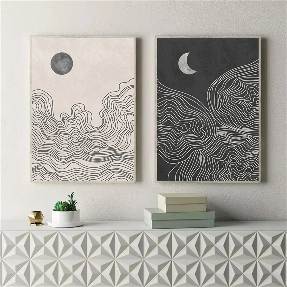 

Boho Abstract Black and White Sun Moon Poster Canvas Painting Neutral Modern Minimalist Print Wall Art Picture Living Room Decor