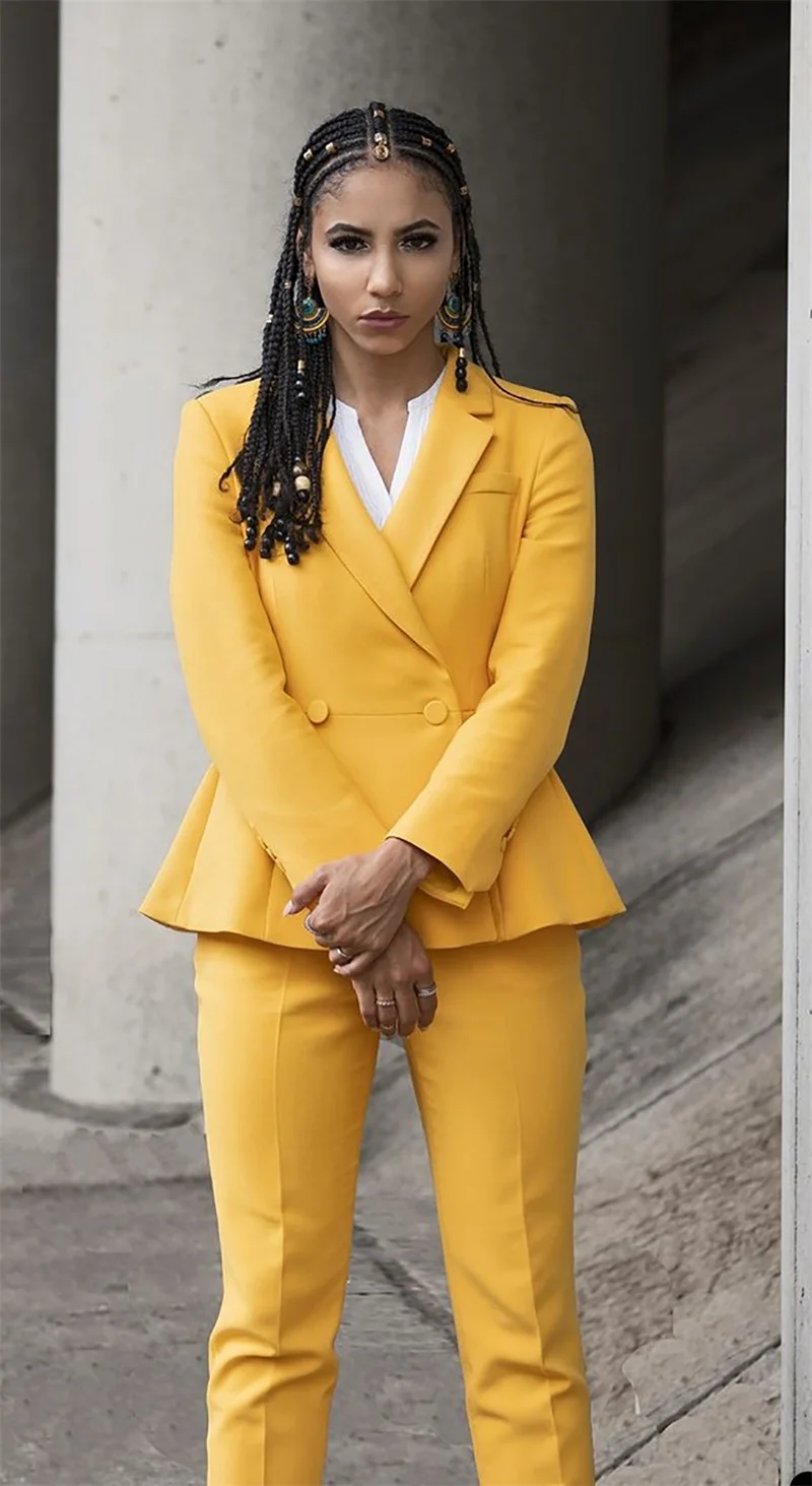 Conjunto de traje amarillo de moda para mujer, chaqueta de oficina con dobladillo y volantes, esmoquin hecho a medida para graduación y boda