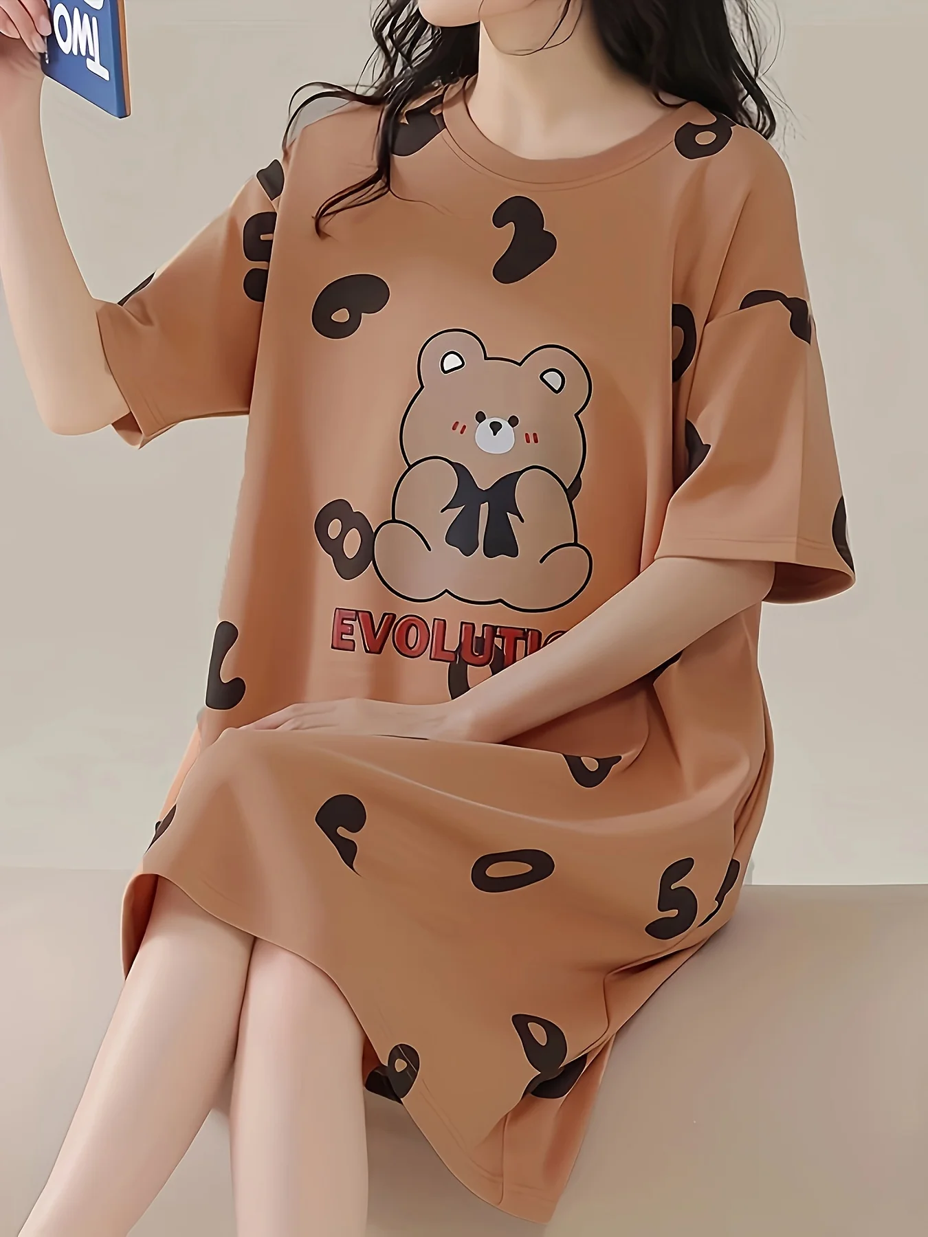 

Women Summer Short Sleeve Pajamas Dresses Cute Bear Numbers Alphabet Prints Ladies Girls Comfortable Casual Home Pajamas Dresses