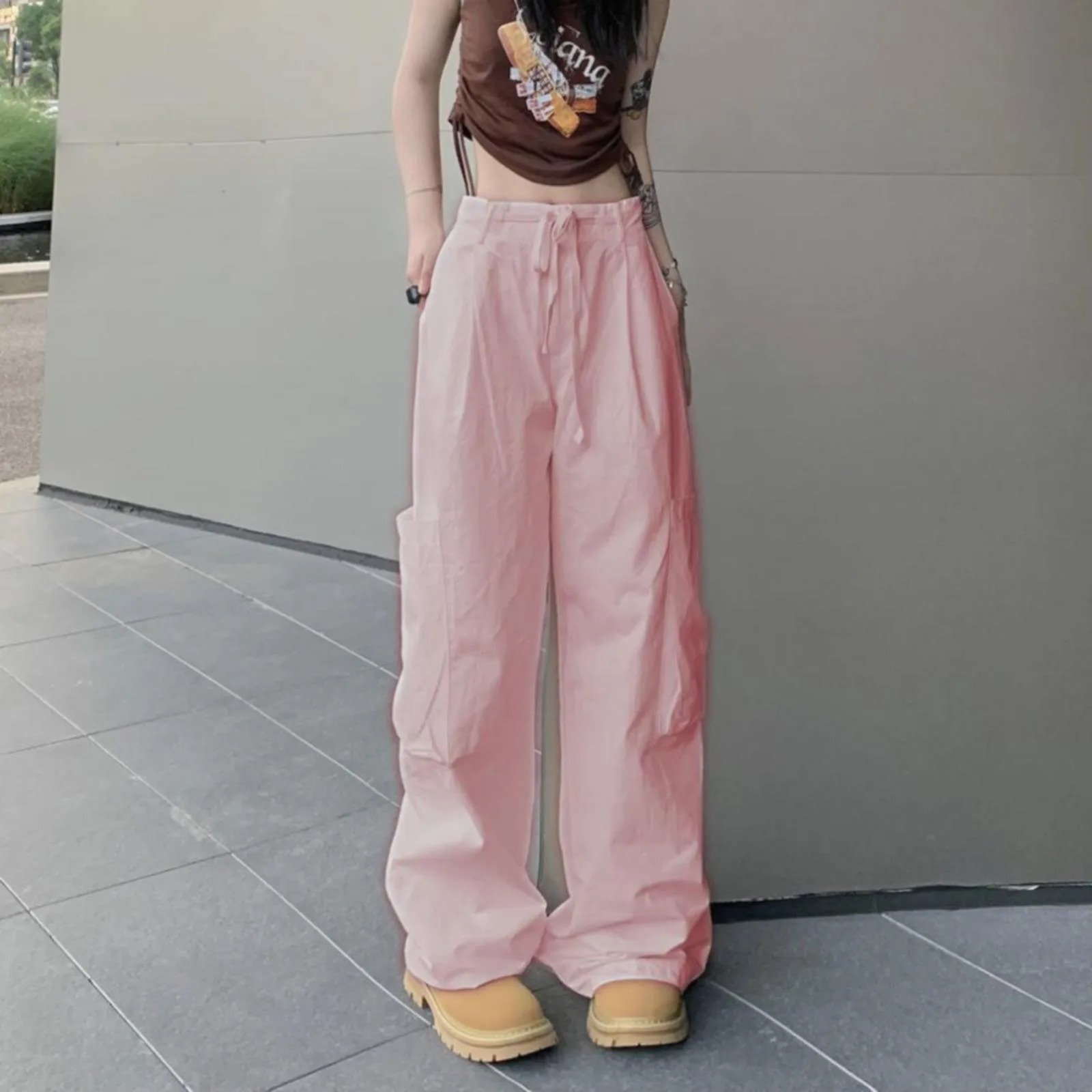 Y2K Casual Cargo Pants Women Streetwear Drawstring Loose Wide Leg Straight Trousers 2023 Fashion Lady Oversize Sweatpants