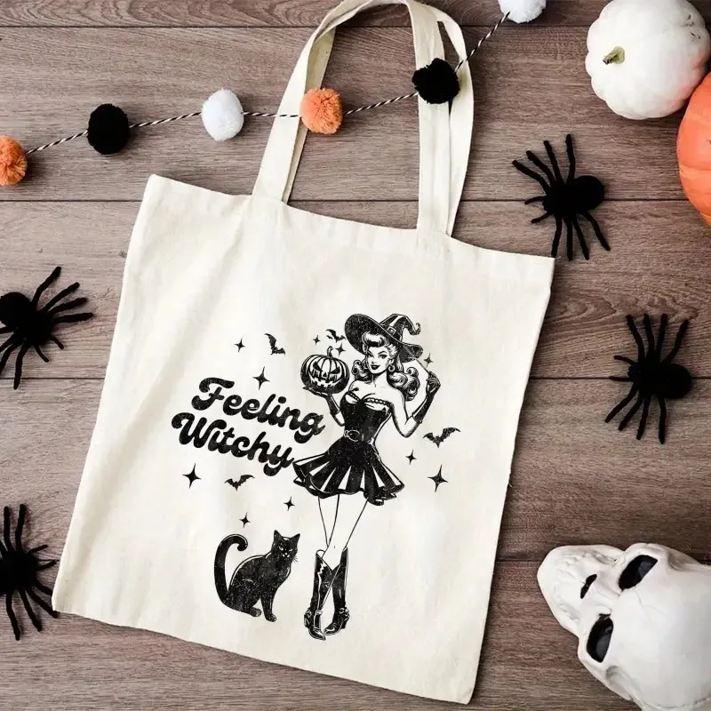 Retro Salem Witch Book Club with Skull & Book Shoulder Bag Halloween Tote Bag for Shopping Spooky Gothic Style Halloween Gift