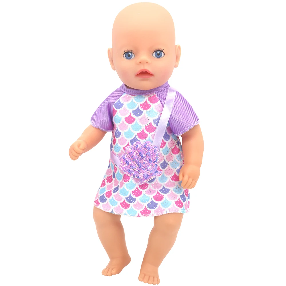 14 Inch Doll Mermaid Pattern Outfit Set, Polyester Dress with Shell Bag, Doll Clothing Accessory, No Doll