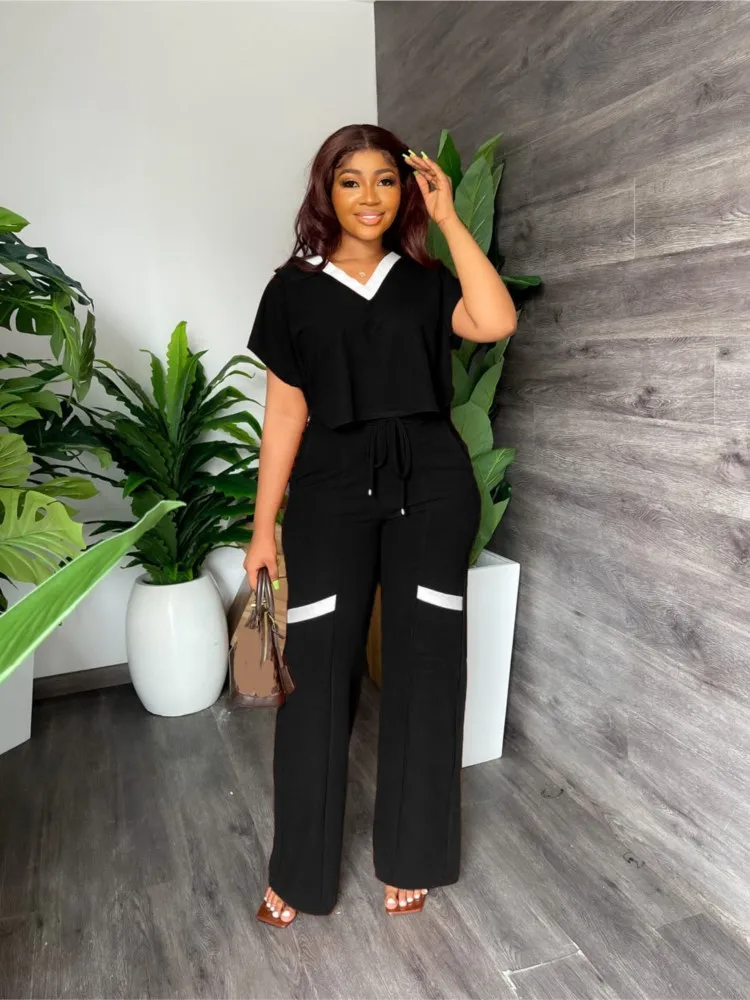 

Casual Solid Set Lady Fashion Short Sleeve V Neck Top+high Waist Wide Leg Pants 2 Piece Sets Women Summer Office Womens Clothing