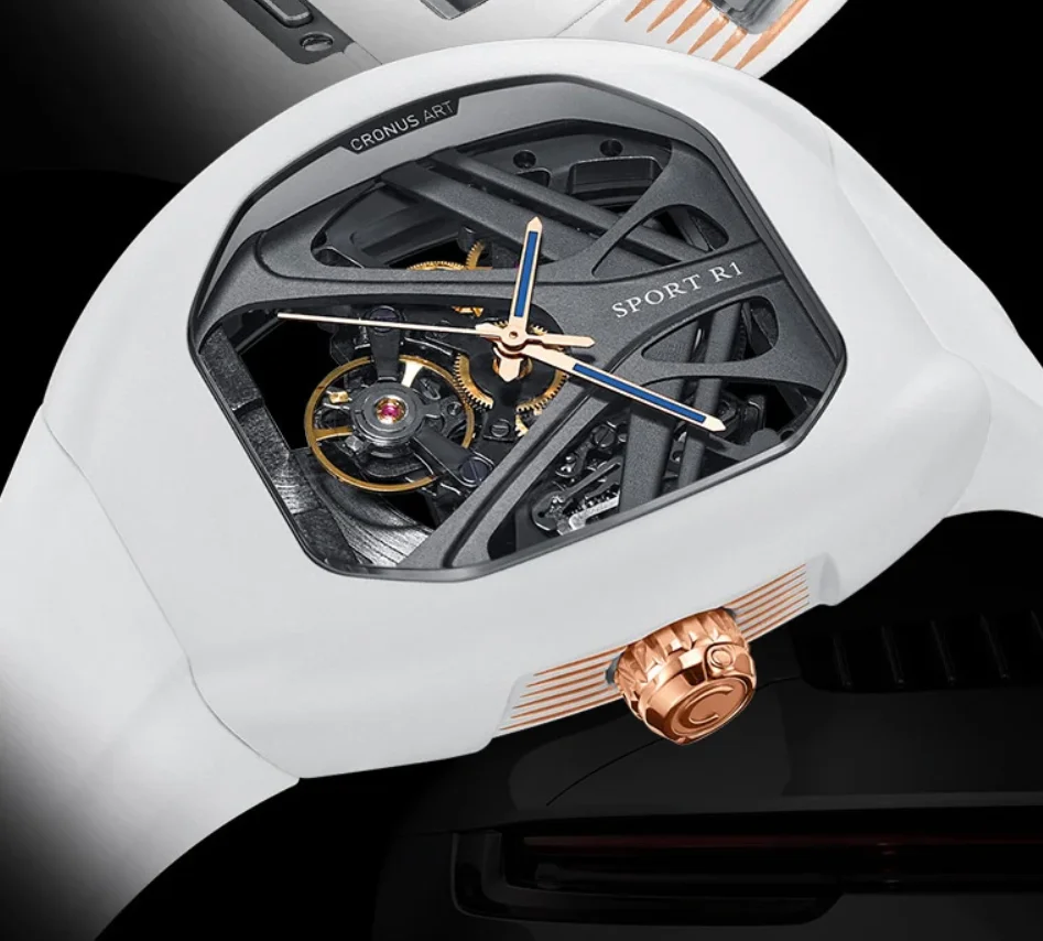 

CRONUSART Мужские автоматические часы Tonneau Механические наручные часы Фторкаучуковый ремешок Светящийся циферблат с изображением скелета Складная скрытая ручка с короной