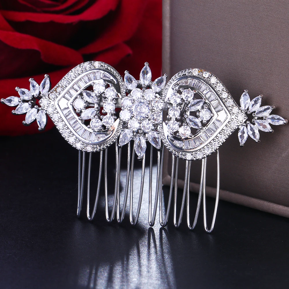 Luxury Trendy Prong Setting Cubic Zirconia Bridal Hair Comb Wedding Headpieces Women Girls Jewelry Hair Accessories