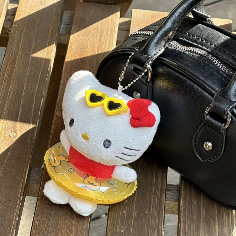 Sanrio 13cm Plushies Keychainblack Hawaiian Hello Kitty Plush Key Chain Swim Ring Plush Pendant Backpack Kids Birthday Gift
