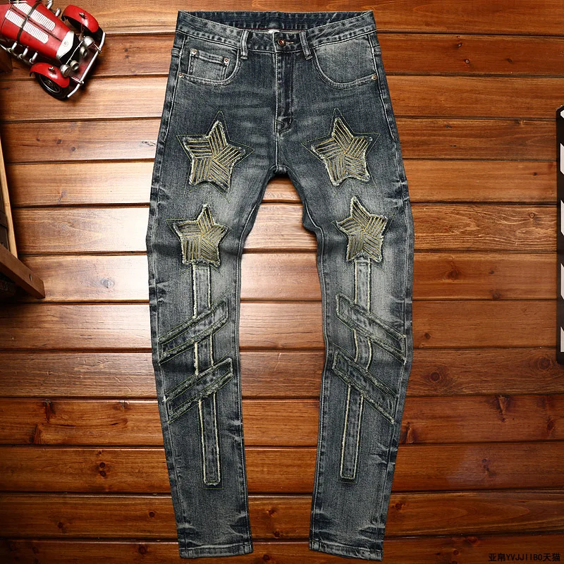 

Light luxury trendy embroidered jeans men slim fit straight leg version fashionable trend elastic MEN'S high-end casual pants