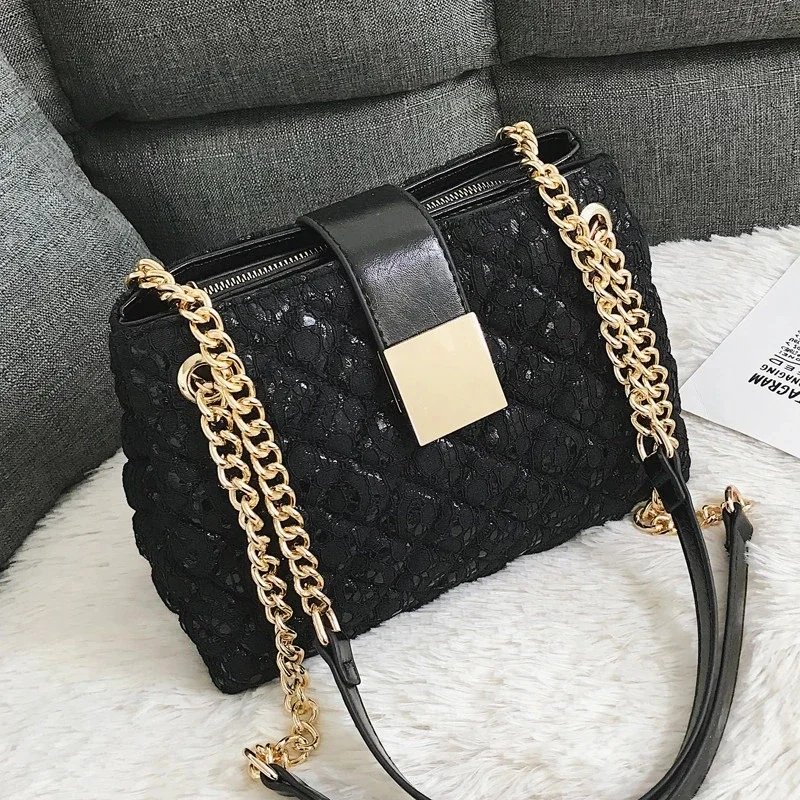 Lace Women\'s handbag Diamond pattern chain Shoulder bag for Women\'s Totes  pu leather Ladies crossbody bags bolsa feminina black