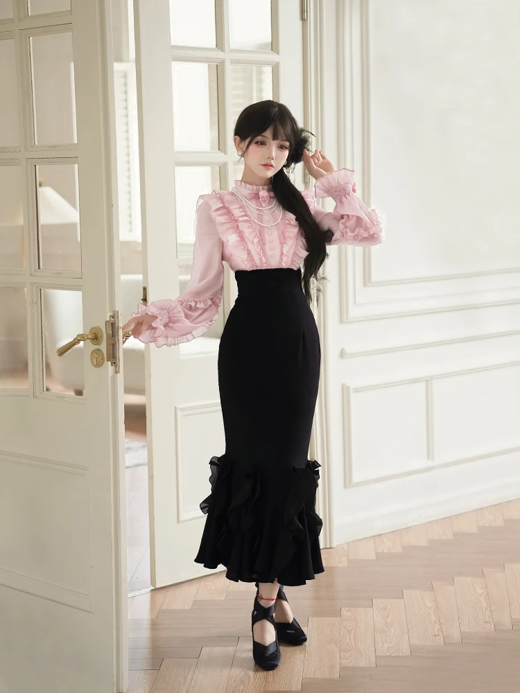 Original elegante babados retalhos gola manga longa cintura alta fino ajuste bodycon sereia vintage vestido longo feminino outono