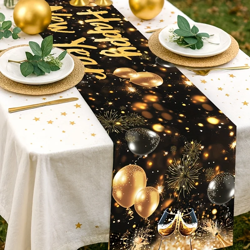 1 قطعة 2026 مفرش طاولة السنة الجديدة | تصميم الألعاب النارية باللونين الأسود والذهبي | مفرش المائدة مربع | متينة للعام الجديد #4