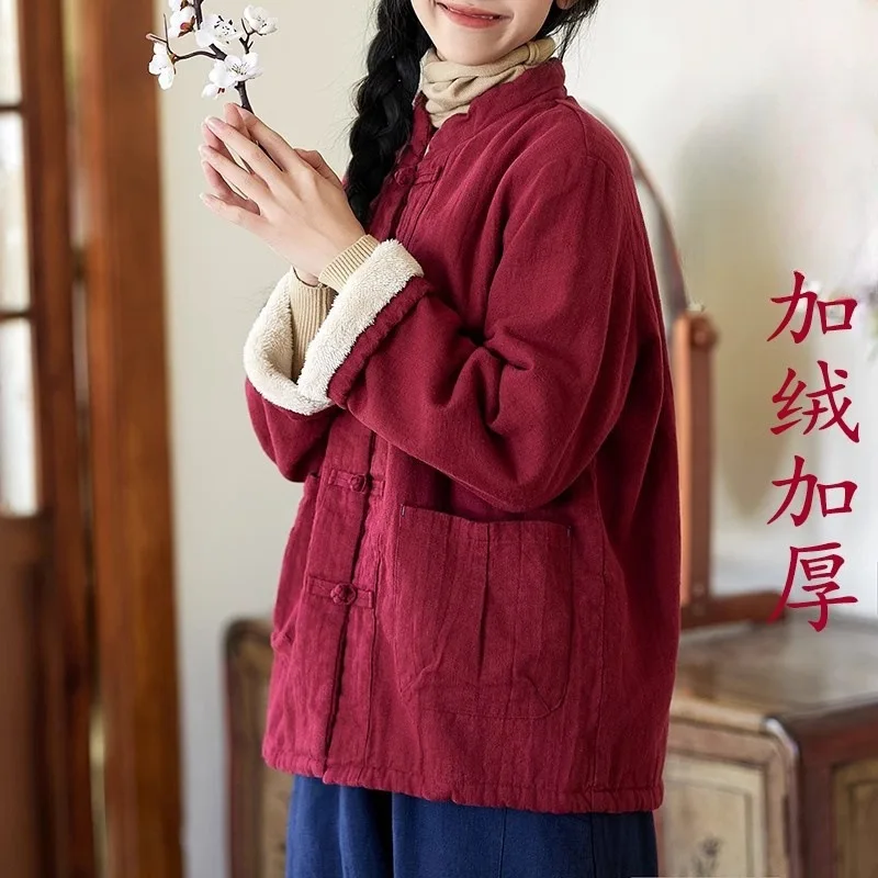 Chinese Style Coats 2026 Autumn Winter Women Retro Plate Buckle Thick Warm Parkas Cotton Linen Jackets All-match Leisure Parkas