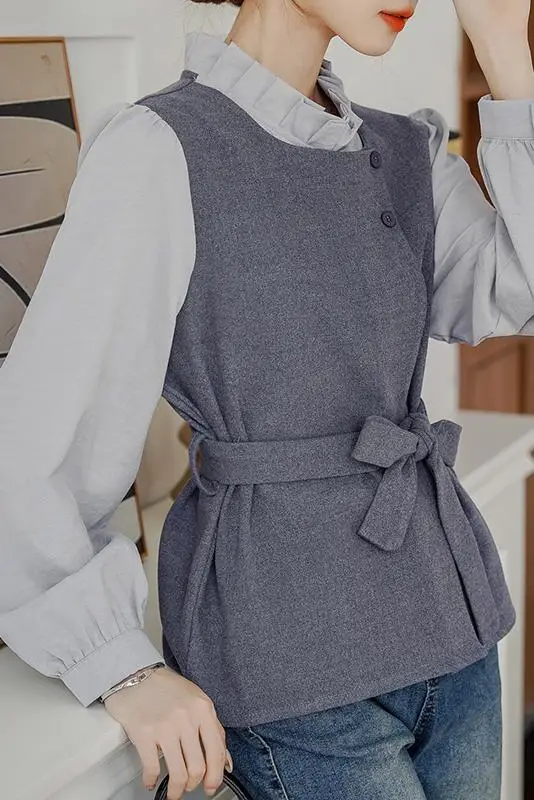 Elegant Fashion Ruffles Collar Women Blouse Contrasting Color Fake Two-Piece Shirt Slim Long Sleeve Office Lady Casual Tops