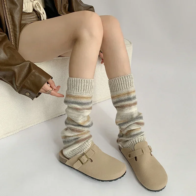 Women Autumn Winter Leg Warmers Warm Knitted Foot Cover Knee Socks JK Girl Lolita Striped Long Socks Stockings Women Leg Warmers