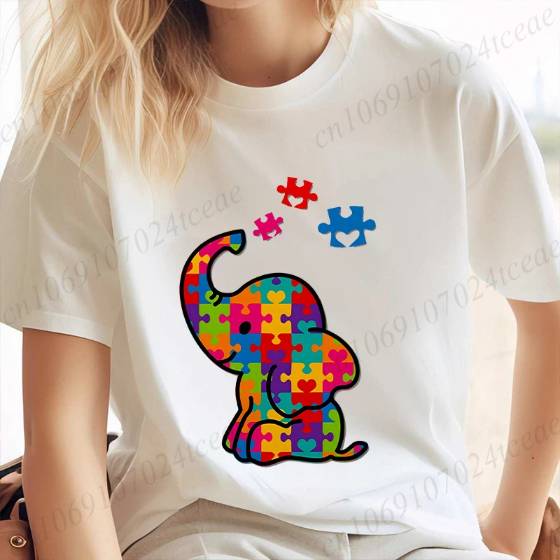 Funny Elephant Autism Awareness T-shirt for Women Acceptance Neurodiversity Summer Shirts Hip Hop Streetwear Short Sleeve Tees