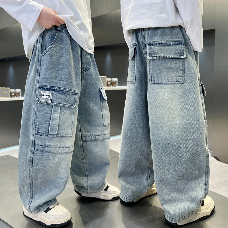Boys jeans, work clothes, wide-leg pants, autumn splicing,  work clothes, patch pockets, straight pants suitable for 5-15-year