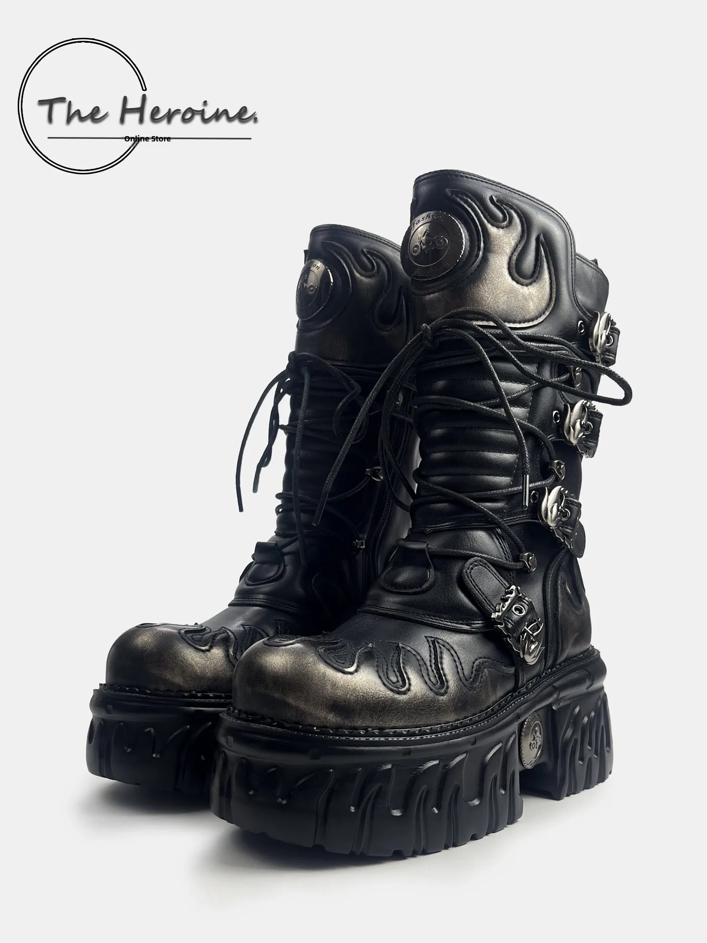 

Heavy Du Flame Heel Knight Boots Women's Autumn Winter Mid-Calf Punk Sle Booties round Toe Zipper Closure Rubbe...