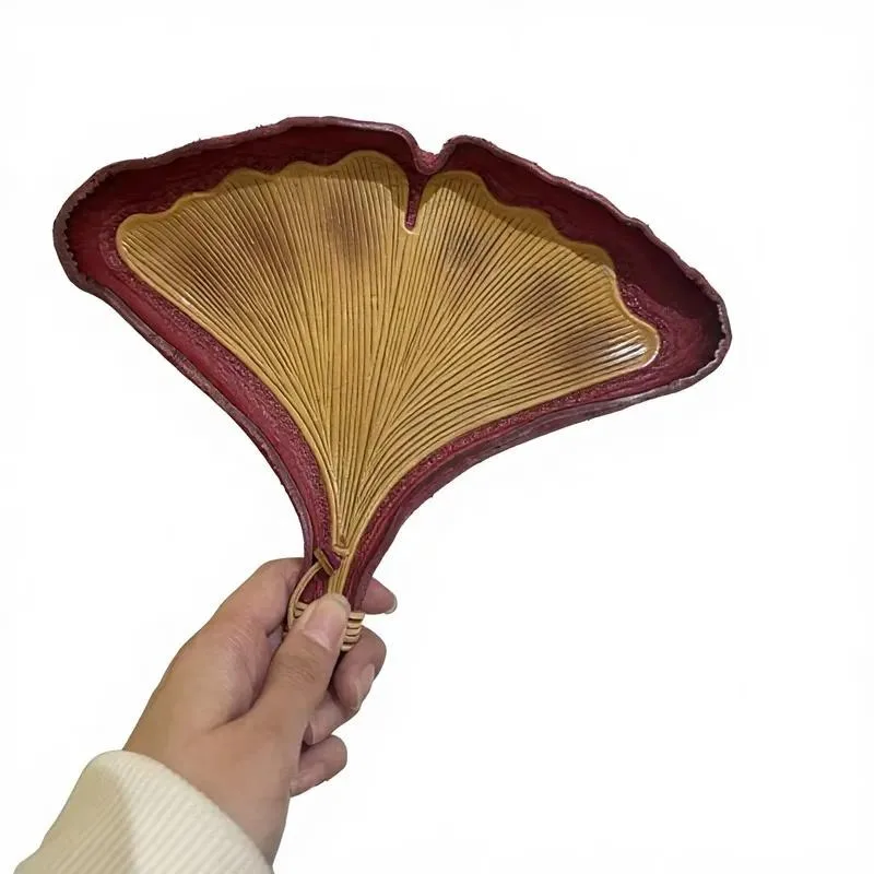 Full Grain Cowhide Hand Sewn Ginkgo Biloba Storage Tray Two Color Texture Luxury Decorative Desktop Box
