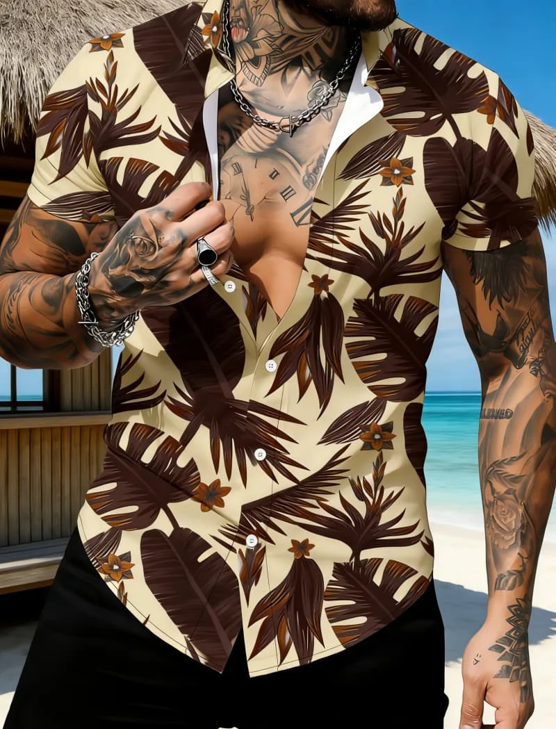 Men's Stylish Tropical Palm & Plumeria Print Short Sleeve Shirt, Lightweight Comfort for Summer Beach Party and Casual Looks