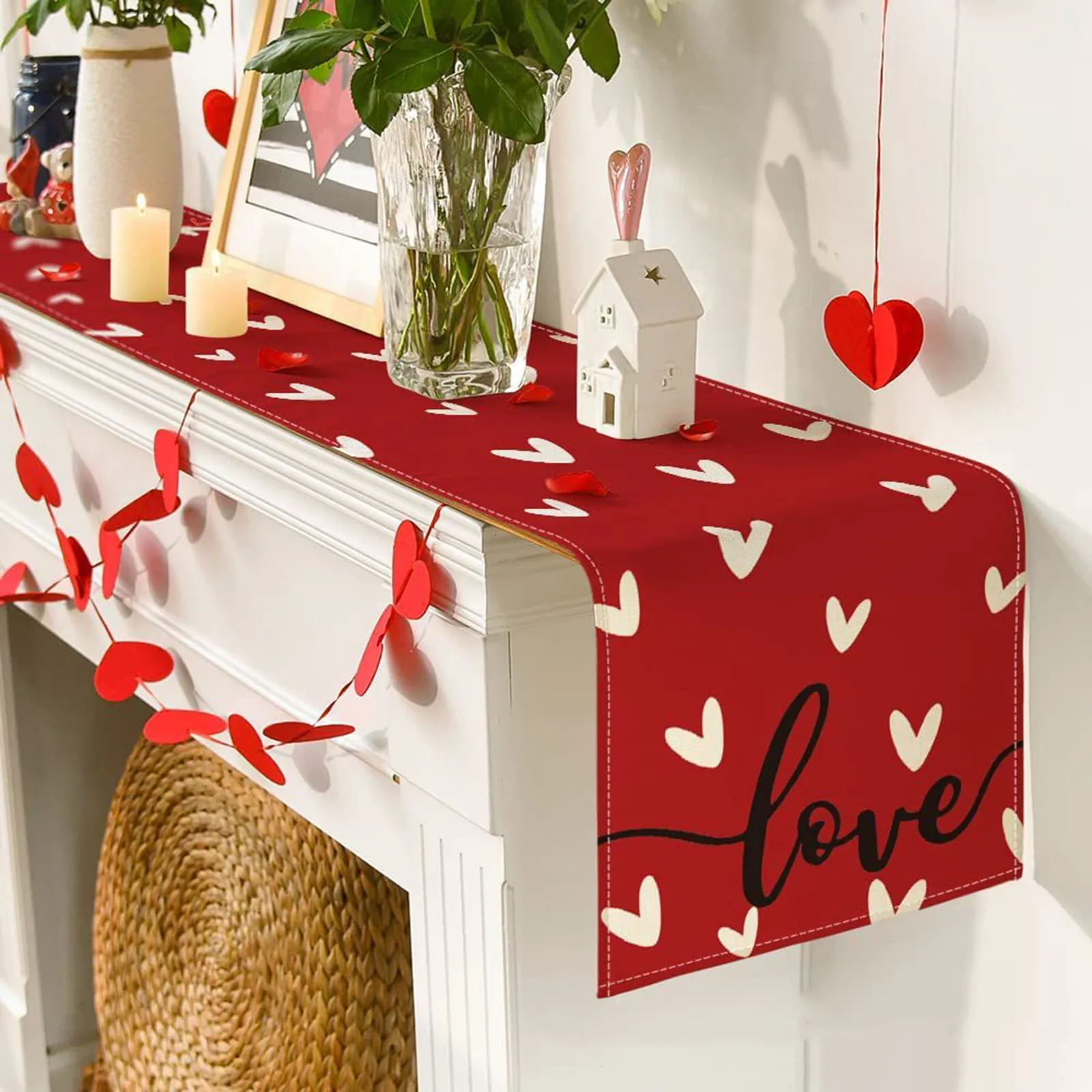Valentine\'s Day Table Flag Loving Heart Table Runner,Linen Rose Dining Table Decoration For Wedding Bride Party Tablecloth
