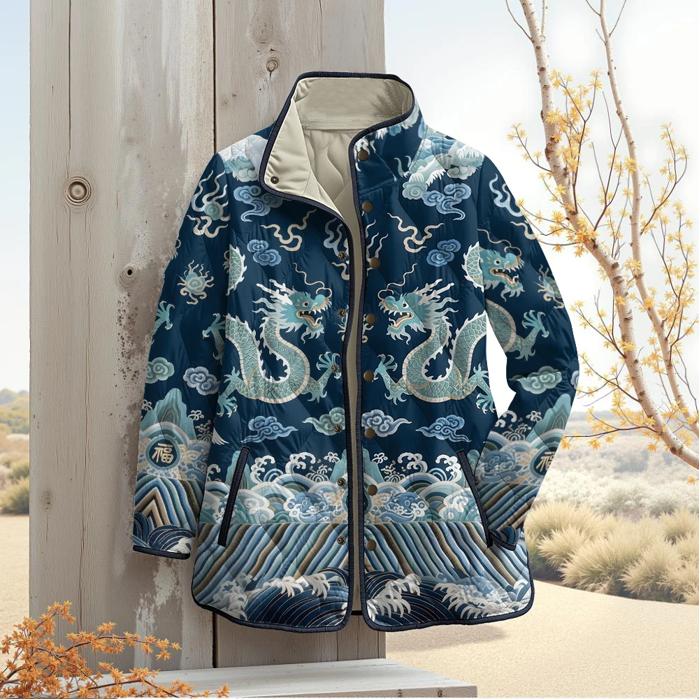 سترة دافئة مطبوعة على شكل سحابة التنين الصيني التقليدي بياقة واقفة ونمط آسيوي عتيق مثالية لمحبي الموضة الثقافية والملابس الخارجية