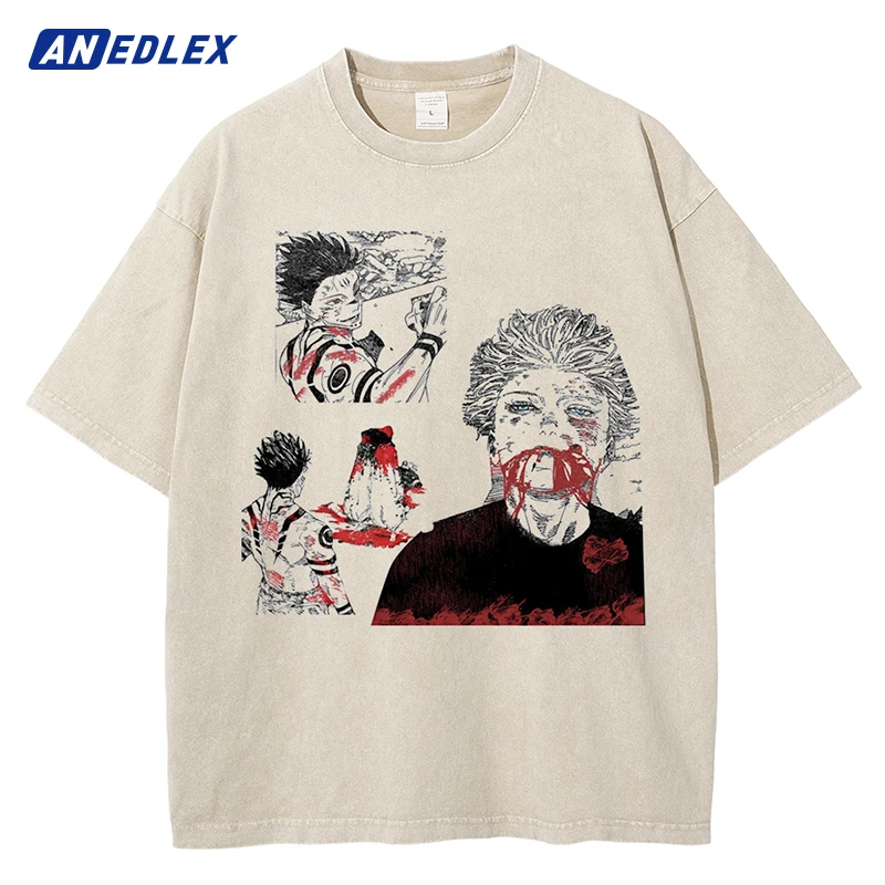 Hip Hop Men Streetwear Unisex Loose Washed Apricot Tshirt Anime Graphic Print T-Shirt Harajuku Cotton Summer Short Sleeve Tees