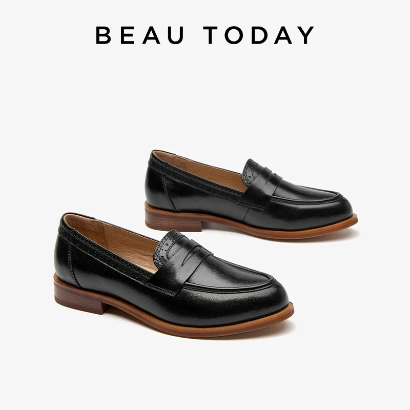 BEAUTODAY Classic Penny Loafers Women Sheepskin Leather Waxing Pointed Toe Slip-on Flats Casual Office Ladies Shoes 26152