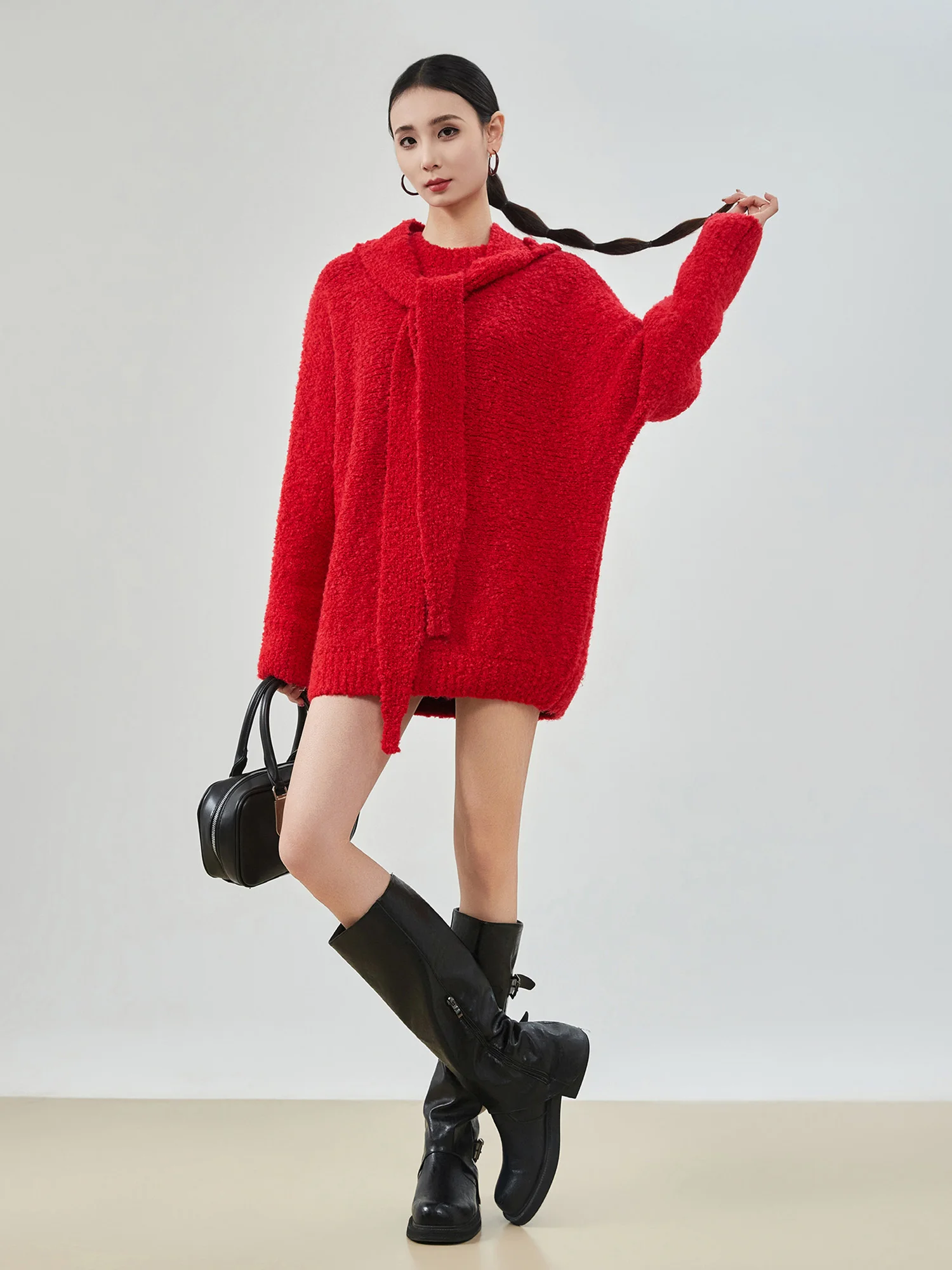 

Красная праздничная вязаная шапка Aosphere, женский свободный свитер в корейском стиле, из полиэфирного волокна, с длинными рукавами, средней длины