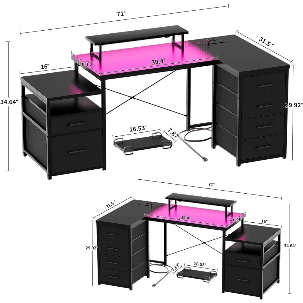 Double-sided L-shaped Computer Desk with Drawers with LED Lights and Power Outlets, Monitor Stand and CPU Stand, Black