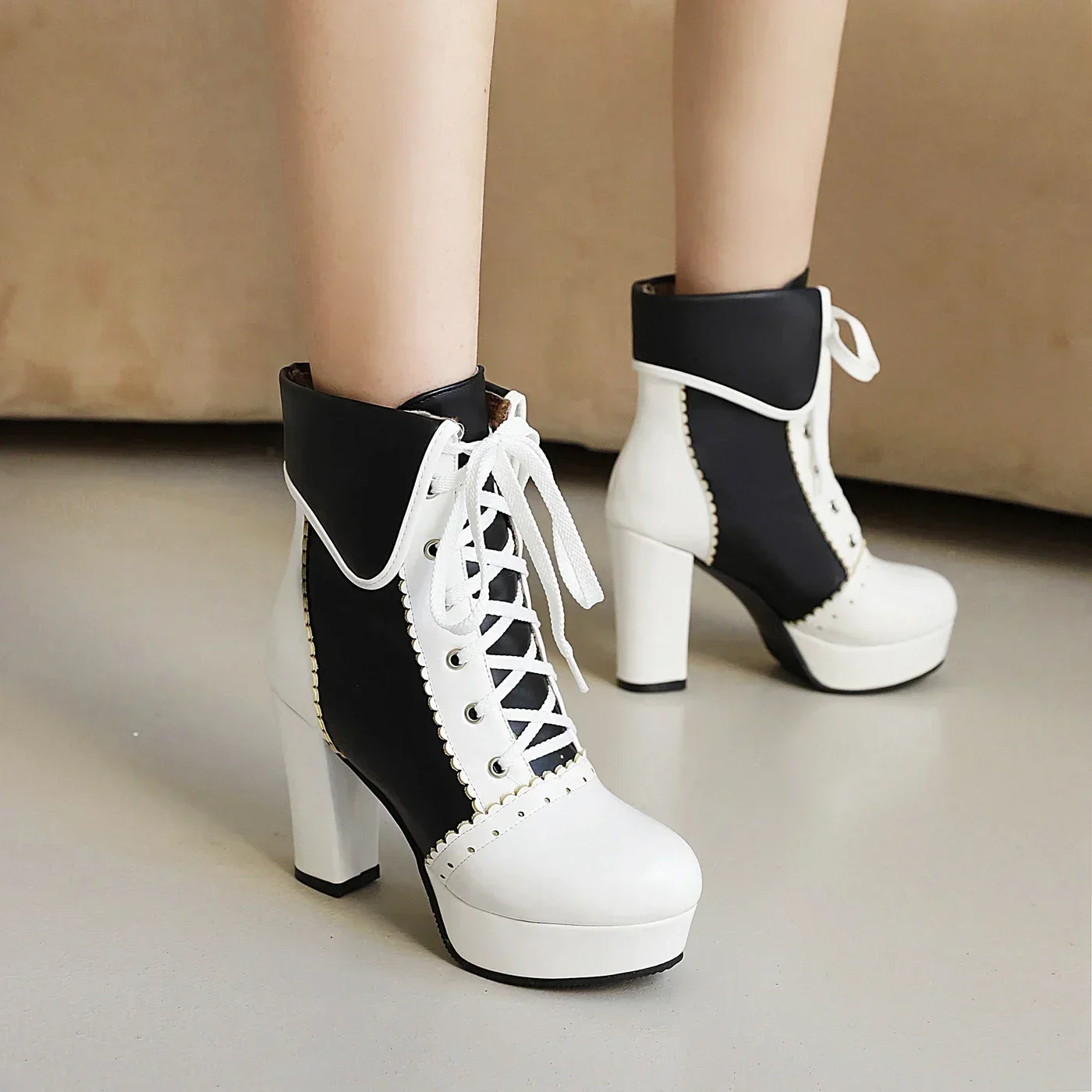 Cute Pink Winter Ankle Boots Women High Thick Heels White Red Mixed Color Party Show Lady Lace-up Round Toe Platform Short Boots