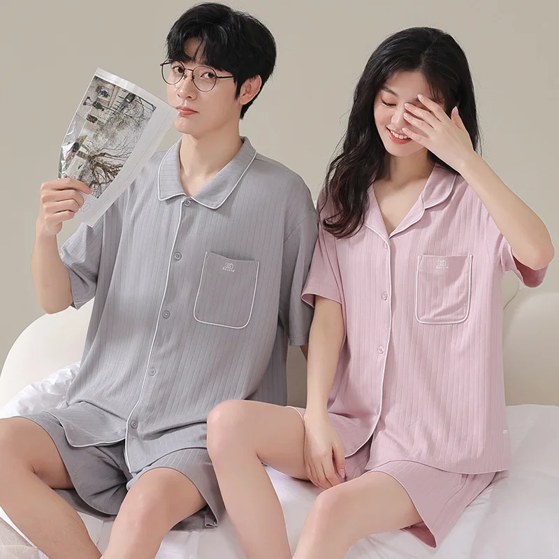 2023 New Modal Couples Pajamas Set Summer Short Sleeping Top Shorts Men Home Clothes Cardigan Women Sleepwear Mujer Hombre Pjs