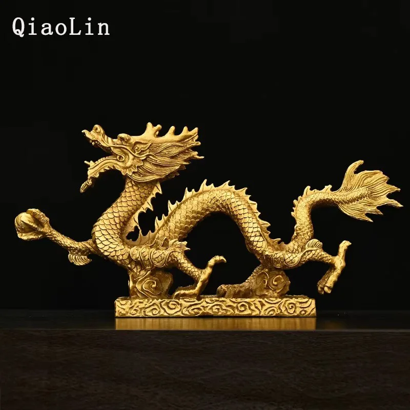 Dragon and Phoenix Together Bring Good Fortune Statue， Han-Style Long Feng Figurine， Pure Copper Zodiac Ornament with Auspicious