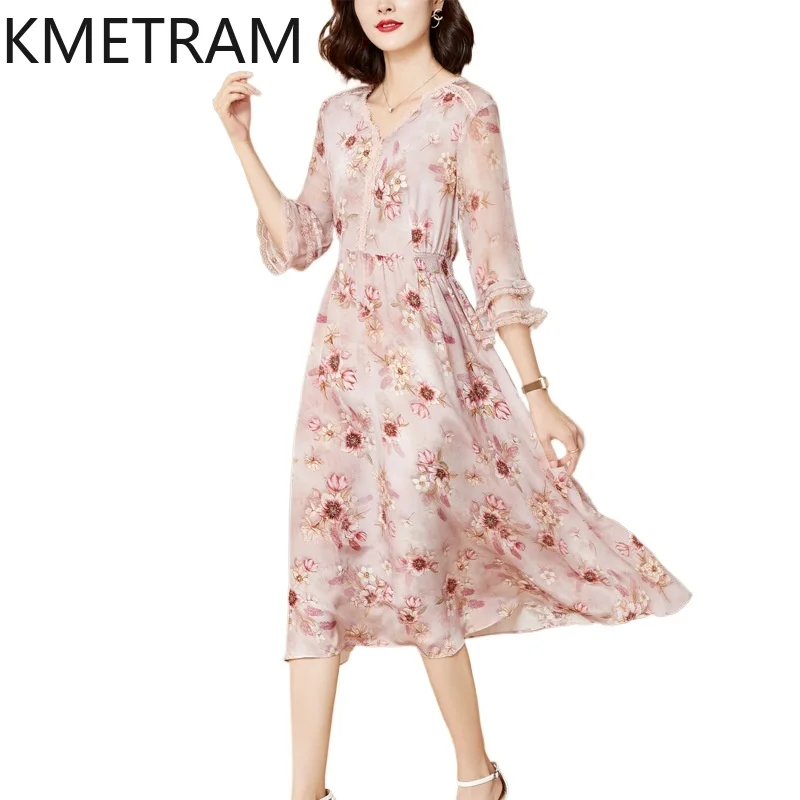 

KMETRAM 100% Mulberry Silk Dresses 2024 Women Summer Elegant Dress New in Luxury Long Dresses Slim Fit Womans Clothing Vestidos