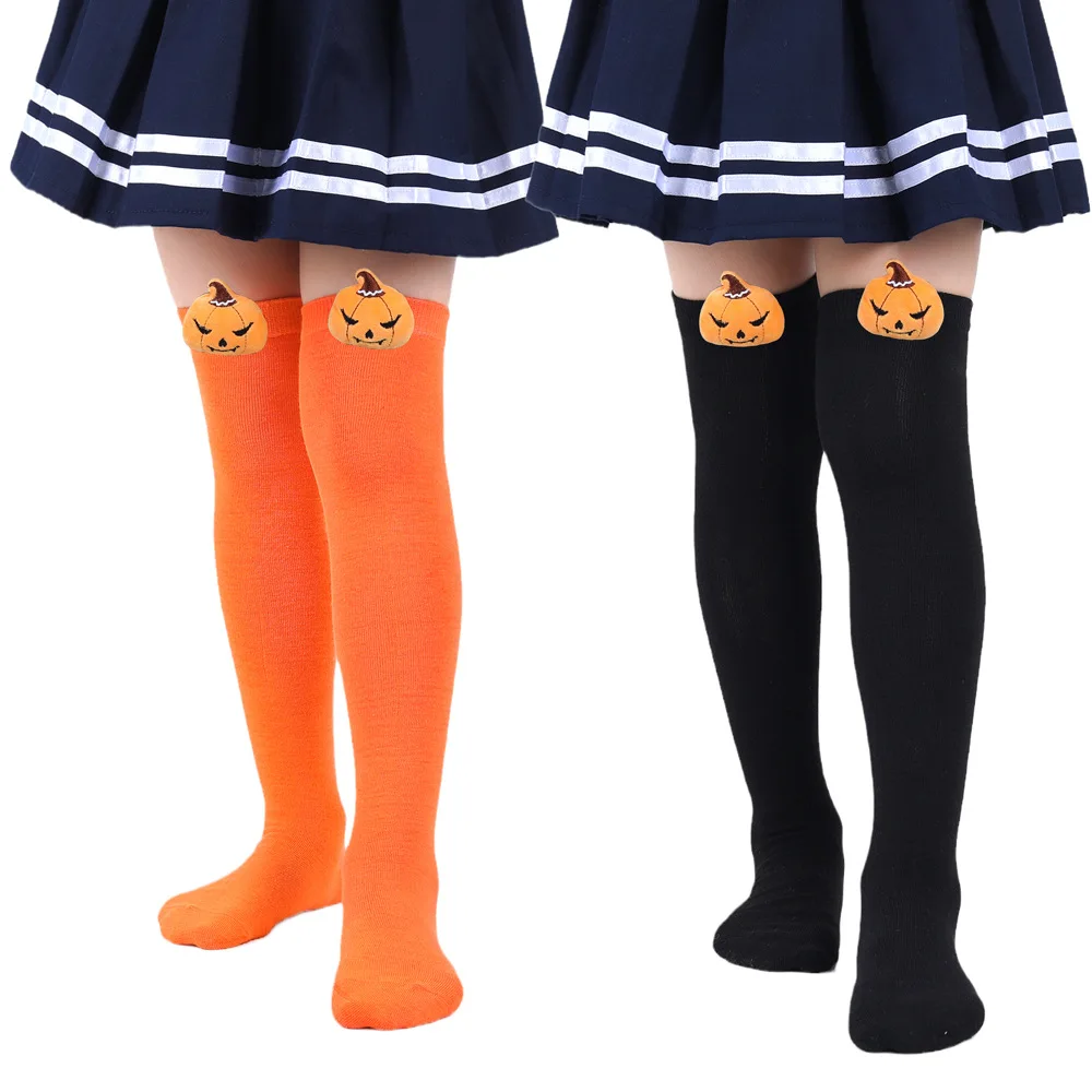 3 pairs Pumpkin Devil Halloween Socks Kids Girls Knee High Socks for Halloween Christmas Children Kawaii Striped Stockings