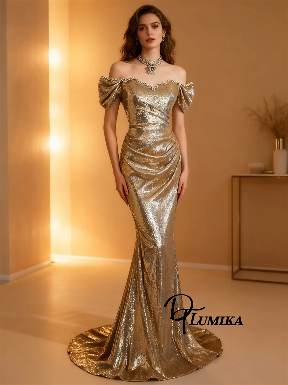 

DTLumika - Gold Sequined Maxi Dress with Off Shoulder Sleeves Beaded Sweetheart Neck Long Sheath Prom Dress Evening Party Gowns