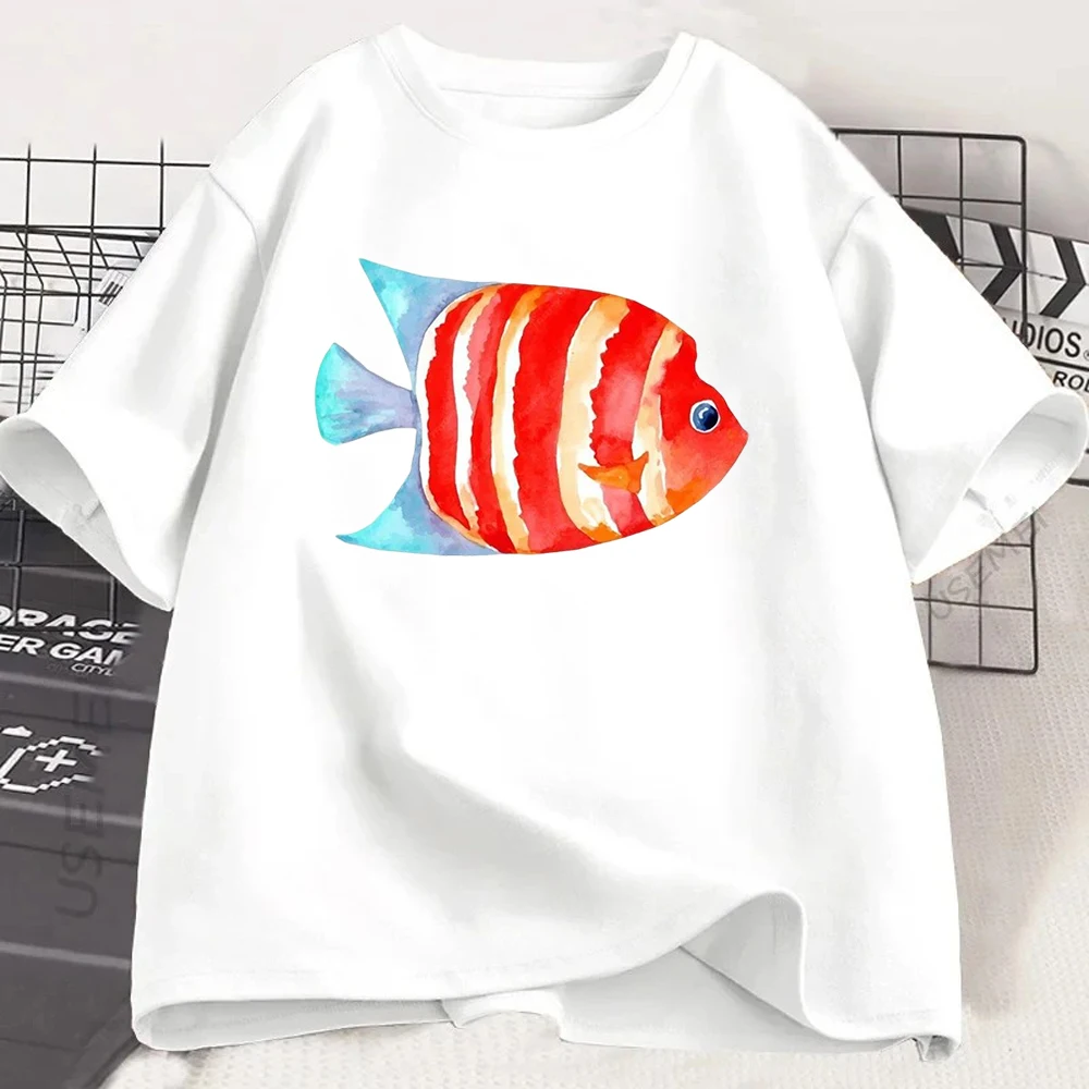 Vibrant Red & Blue Angelfish Print, Ocean Art Graphic T-Shirt, Soft Summer Top for Beach or Daily Wear Y2k Top Vintage Women T