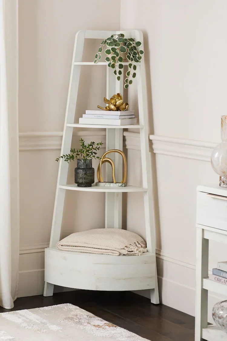 White Bronx Oak Effect Eck Leiter Regal Bücherregal Mit Regalen Und Schublade Wohnzimmer Vitrine Büro Bücher Ständer