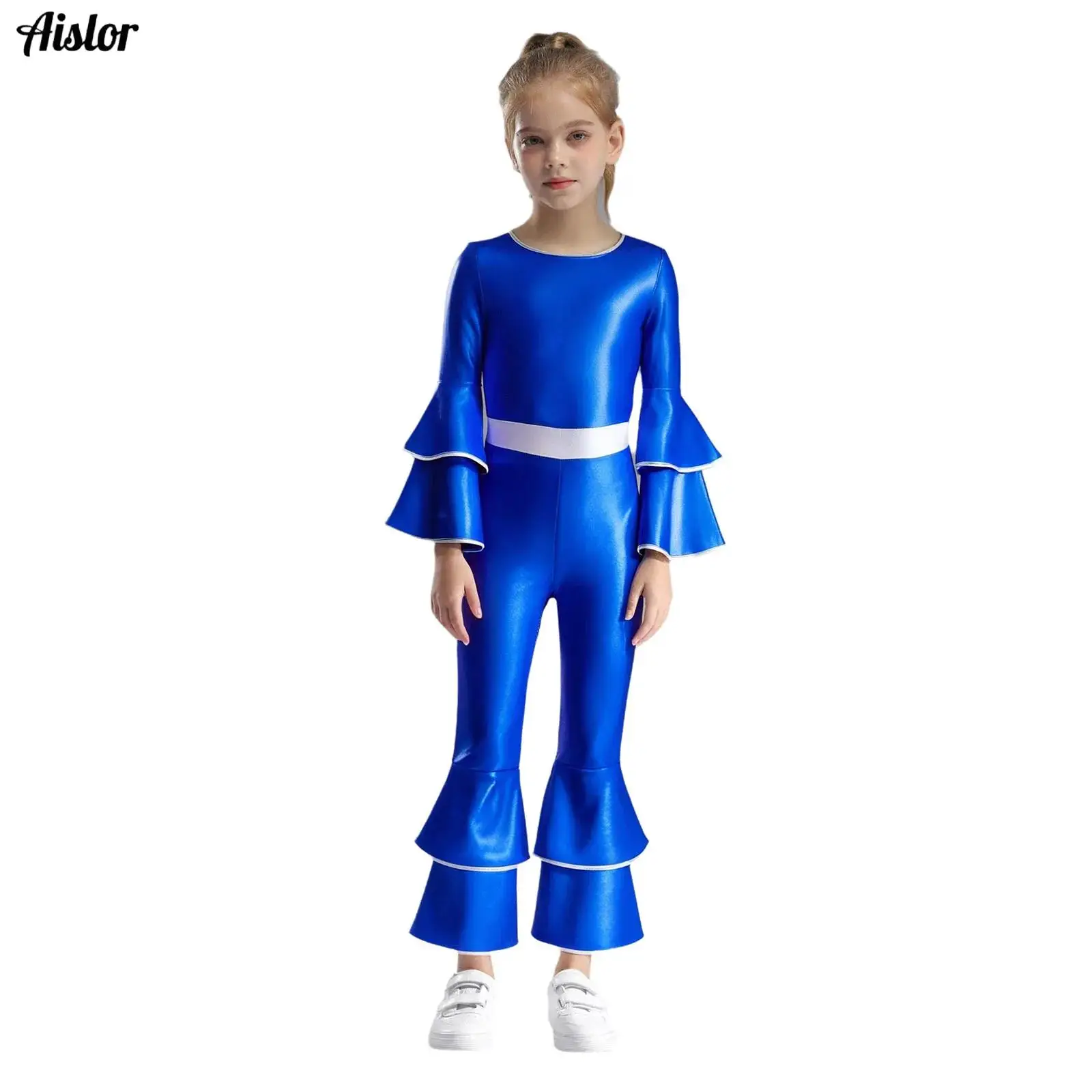 

Girls Shiny Metallic 70s 80s Disco Dance Jumpsuit Long Sleeves High Waist Tiered Flared Pants Jumpsuit for Jazz Performance